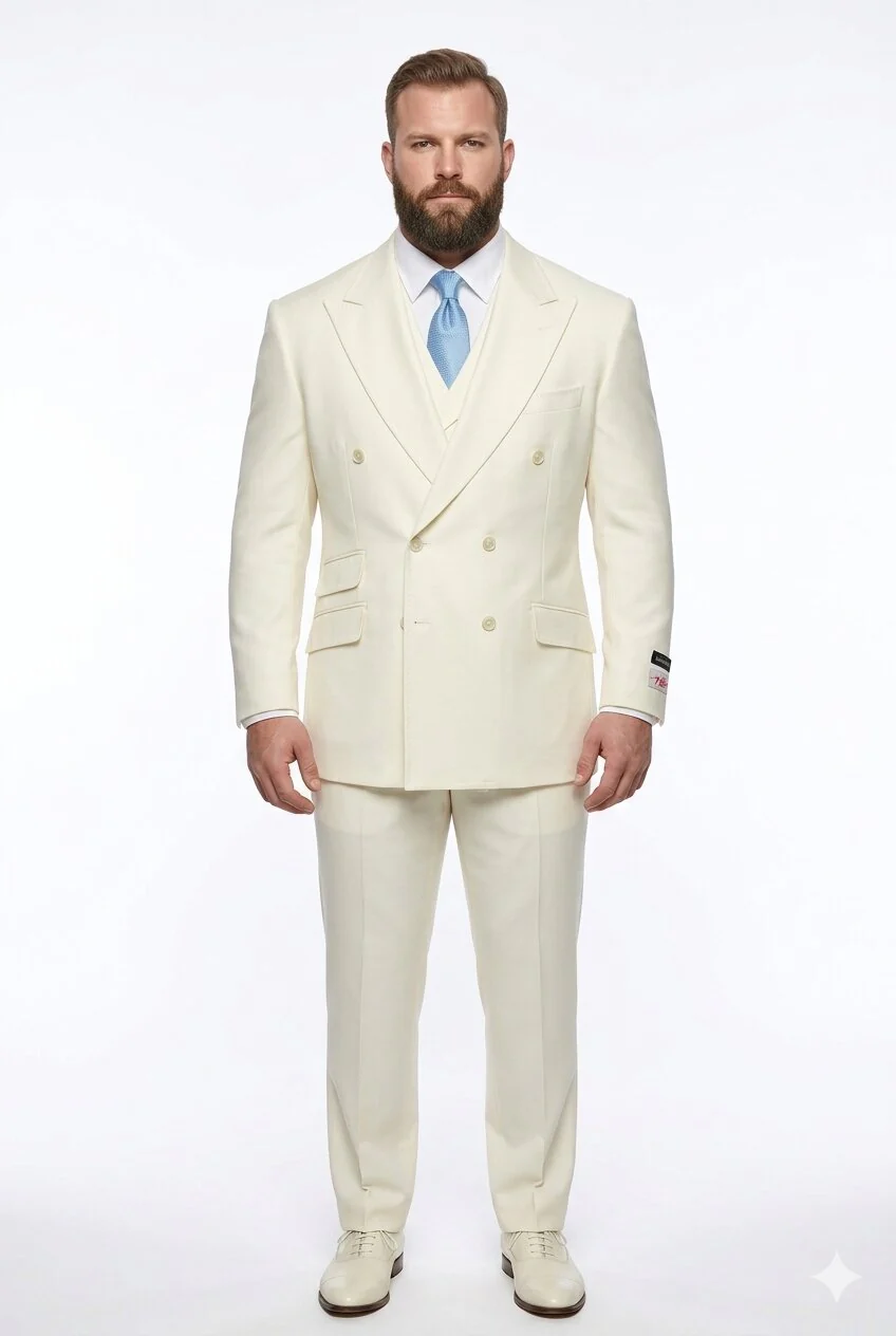 Tiglio Italian Suit - Real Wool Fabric Super 150's EST Off-White, Wide Leg Suit & Vest in Color Off-White - Image 8