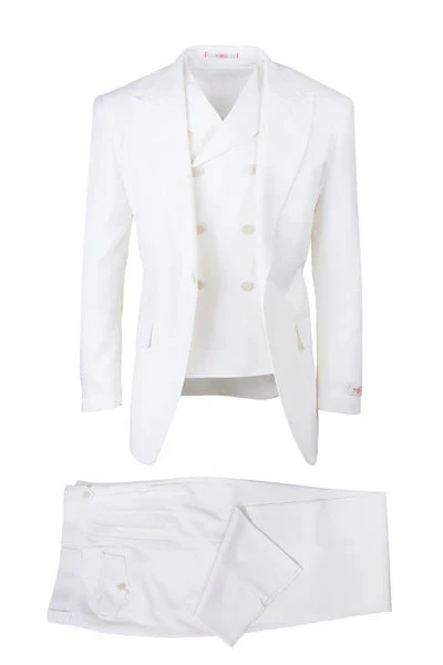 Tiglio Rosso Brand - Classic Suit Fit Pleated Pants Athletic Cut Real Wool Fabric Suit Peak Lapel in Color Off White Semi Wide leg Slack