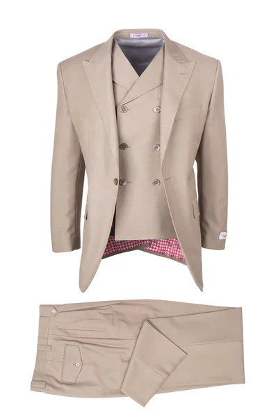 Tiglio Rosso Brand - Classic Suit Fit Pleated Pants Athletic Cut Real Wool Fabric Suit Peak Lapel in Color Tan Semi Wide leg Slack