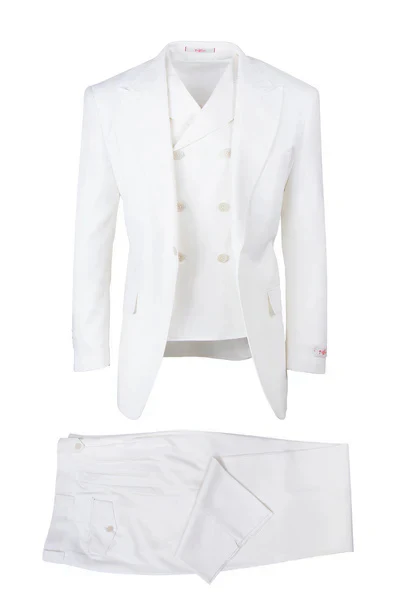 Tiglio Rosso Brand - Classic Suit Fit Pleated Pants Athletic Cut Real Wool Fabric Suit Peak Lapel Semi Wide leg Slack in Color Off-White