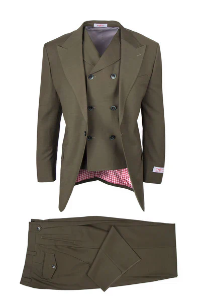 Tiglio Rosso Brand - Classic Suit Fit Pleated Pants Athletic Cut Real Wool Fabric Suit Peak Lapel Semi Wide leg Slack in Color Olive