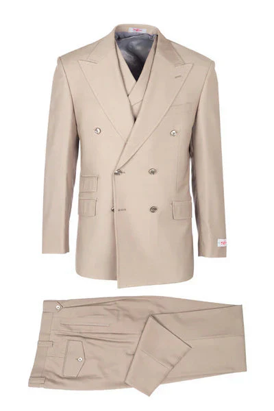 Tiglio Rosso Brand - Classic Suit Fit Pleated Pants Athletic Cut Real Wool Fabric Suit Peak Lapel Semi Wide leg Slack in Color Tan