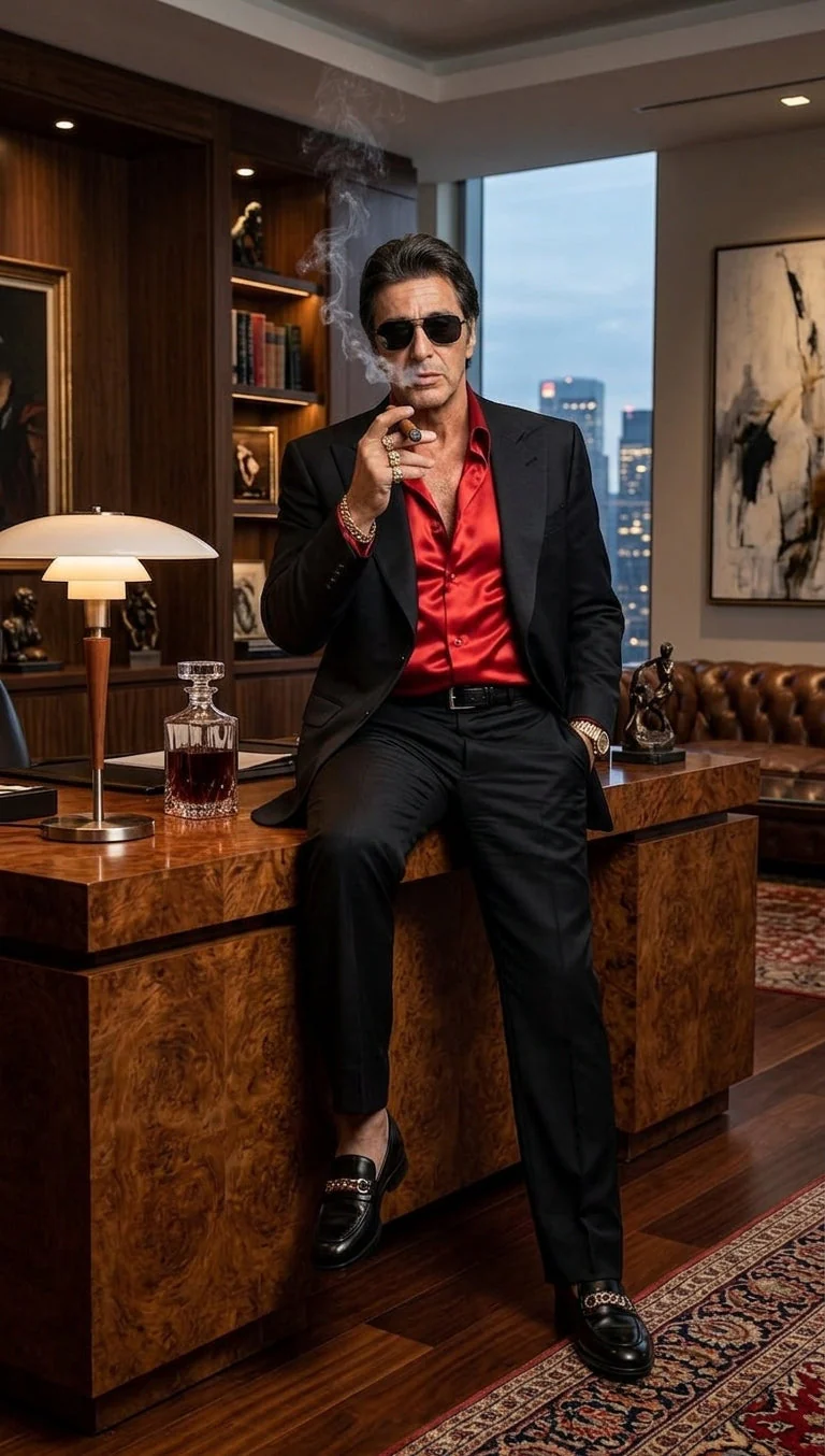 Tony Montana’s Black Blazer with Red Sateen Shirt – Men’s Black Formal Blazer and Red Satin Style Shirt Outfit for Party, Wedding and Vintage Wear - Image 10