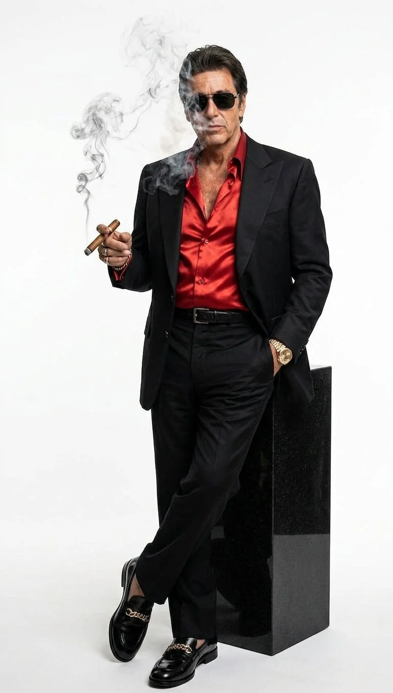 Tony Montana’s Black Blazer with Red Sateen Shirt – Men’s Black Formal Blazer and Red Satin Style Shirt Outfit for Party, Wedding and Vintage Wear - Image 2