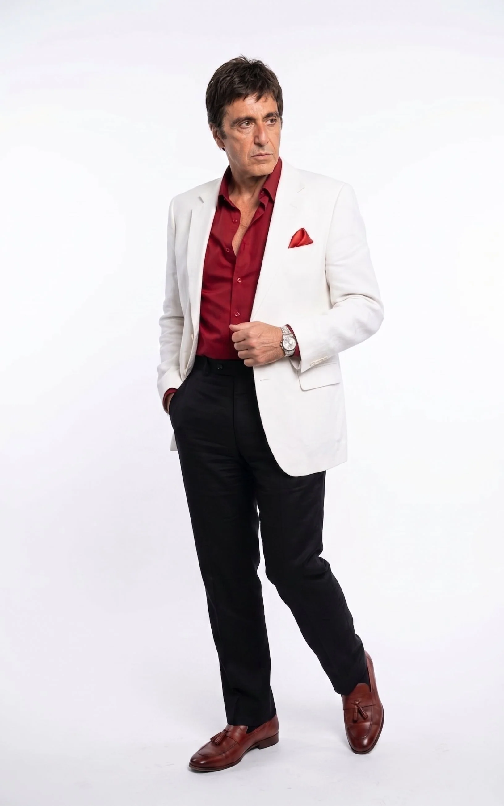 Tony Montana’s White Blazer Red Shirt Black Pants – Men’s White Blazer Outfit with Red Shirt and Black Trousers for Party, Wedding and Vintage Style Wear - Image 2