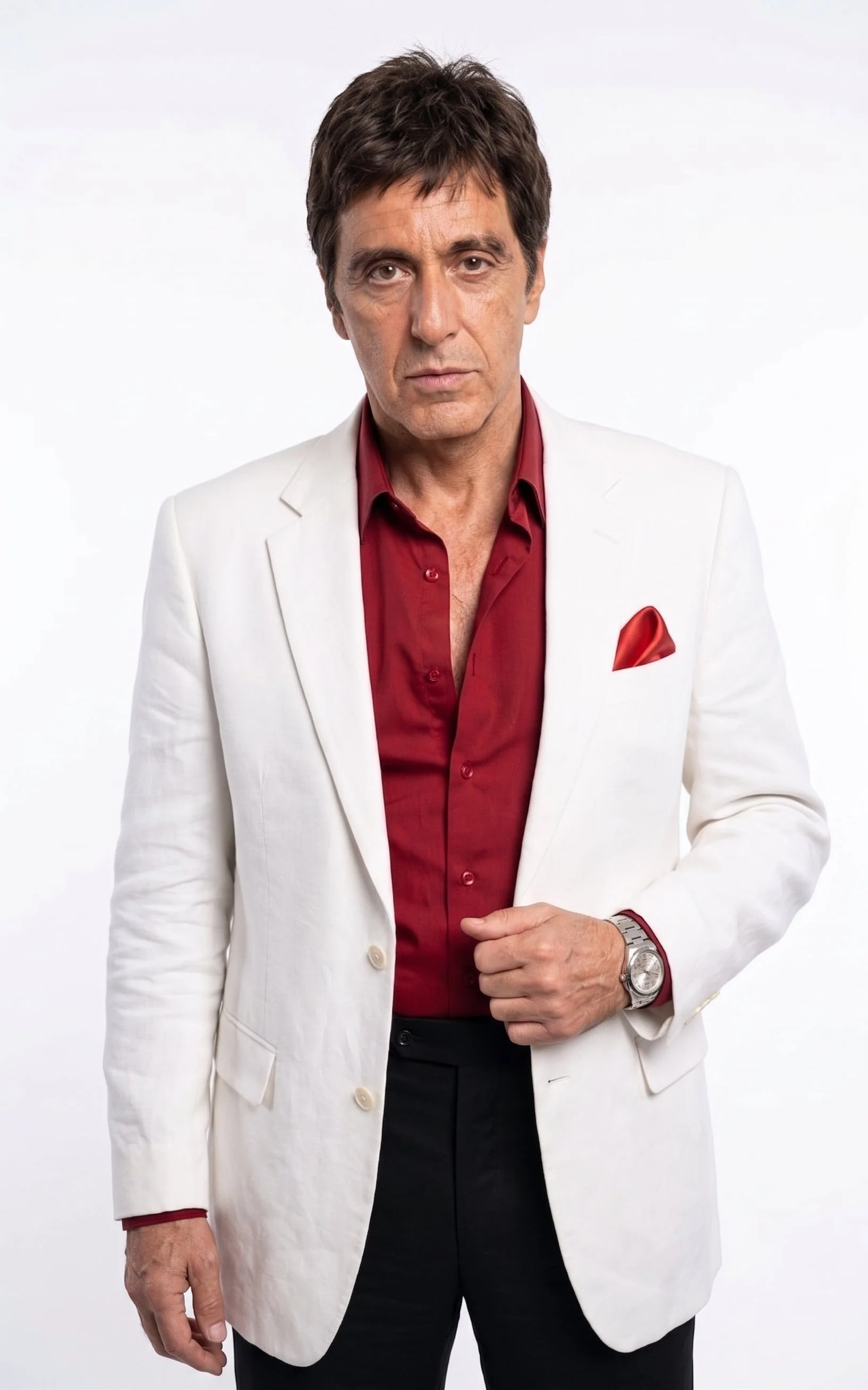 Tony Montana’s White Blazer Red Shirt Black Pants – Men’s White Blazer Outfit with Red Shirt and Black Trousers for Party, Wedding and Vintage Style Wear - Image 4