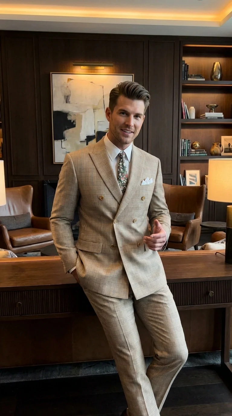 Vinci Men’s Beige Plaid Double Breasted Suit – Classic Checkered Formal Suit Set in Tan Color Windowpane Checkered Pattern - Image 10