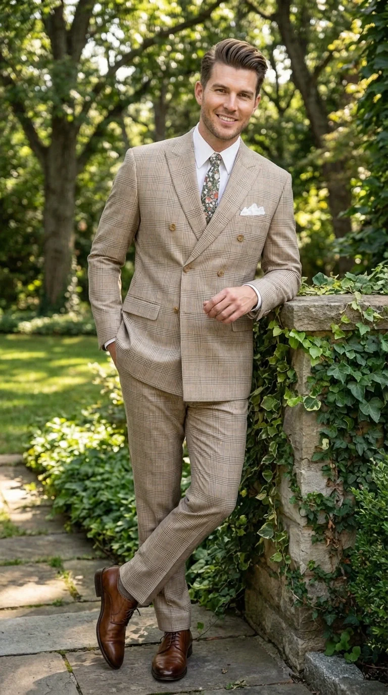 Vinci Men’s Beige Plaid Double Breasted Suit – Classic Checkered Formal Suit Set in Tan Color Windowpane Checkered Pattern - Image 11