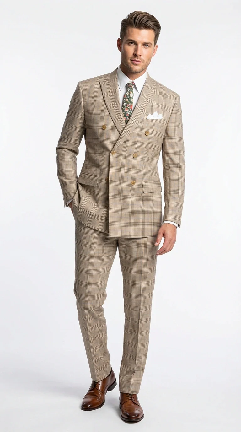 Vinci Men’s Beige Plaid Double Breasted Suit – Classic Checkered Formal Suit Set in Tan Color Windowpane Checkered Pattern - Image 2