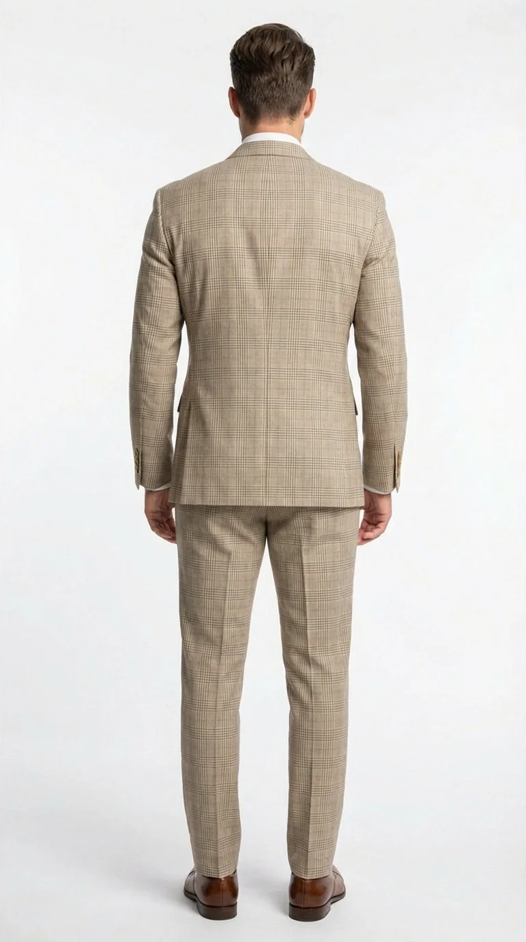 Vinci Men’s Beige Plaid Double Breasted Suit – Classic Checkered Formal Suit Set in Tan Color Windowpane Checkered Pattern - Image 3