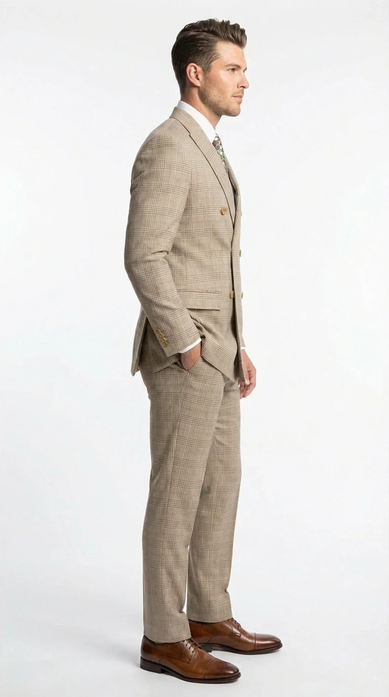 Vinci Men’s Beige Plaid Double Breasted Suit – Classic Checkered Formal Suit Set in Tan Color Windowpane Checkered Pattern - Image 4