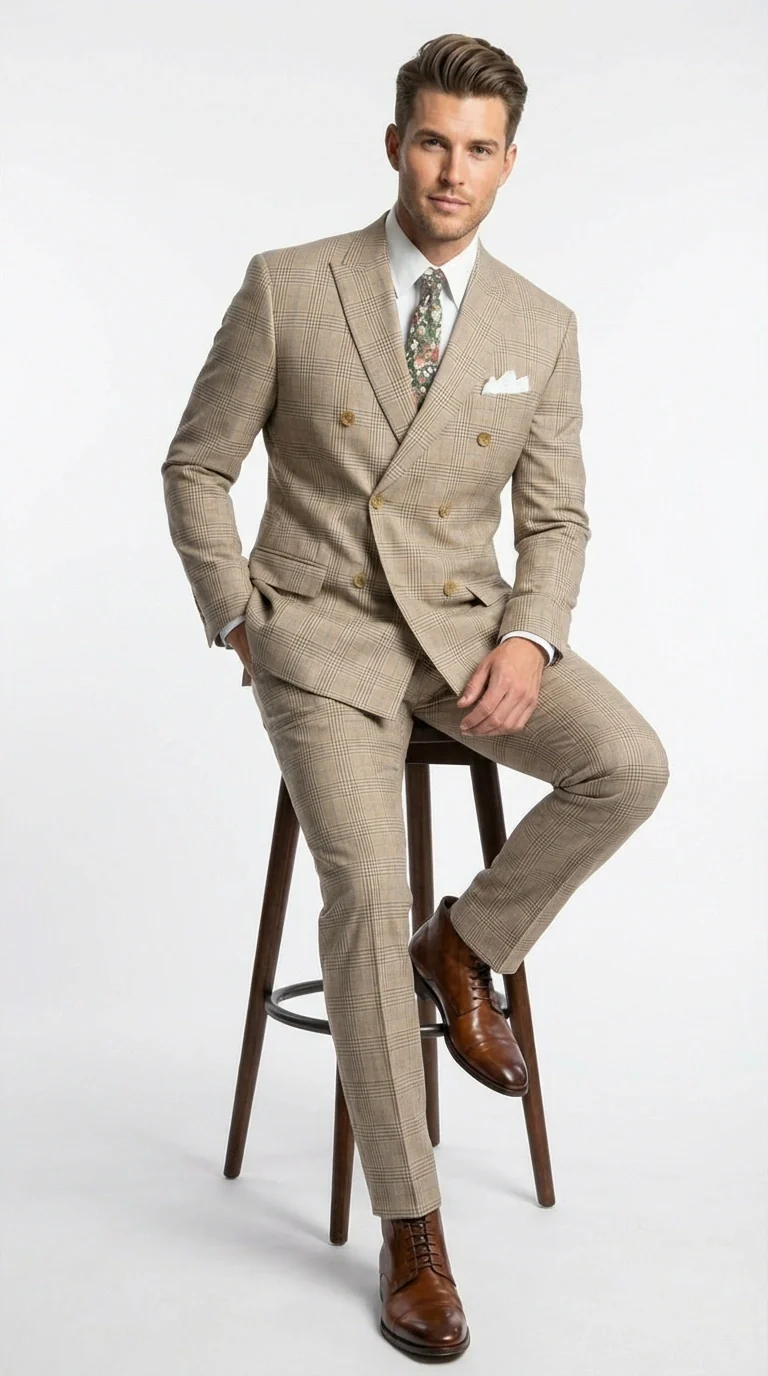 Vinci Men’s Beige Plaid Double Breasted Suit – Classic Checkered Formal Suit Set in Tan Color Windowpane Checkered Pattern - Image 5