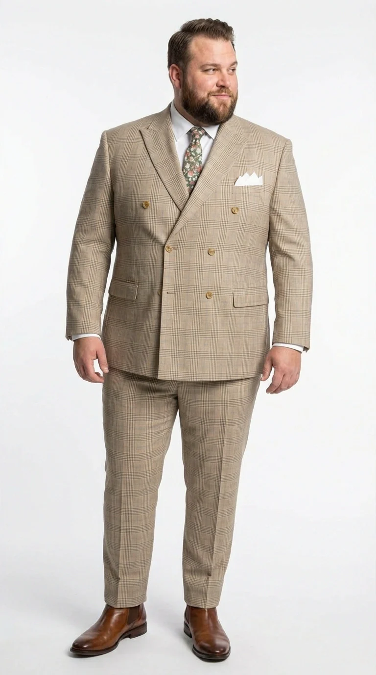 Vinci Men’s Beige Plaid Double Breasted Suit – Classic Checkered Formal Suit Set in Tan Color Windowpane Checkered Pattern - Image 6