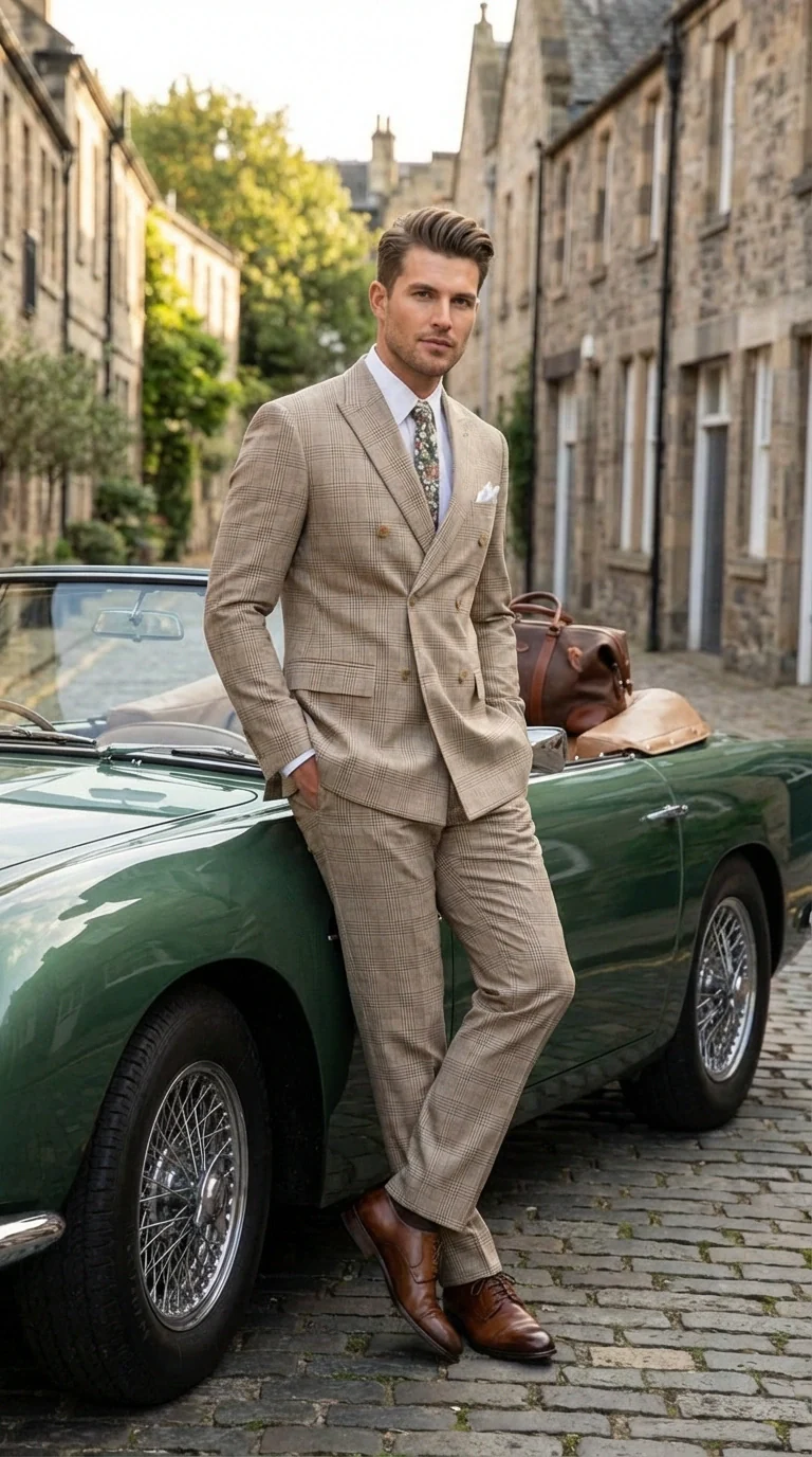Vinci Men’s Beige Plaid Double Breasted Suit – Classic Checkered Formal Suit Set in Tan Color Windowpane Checkered Pattern - Image 7