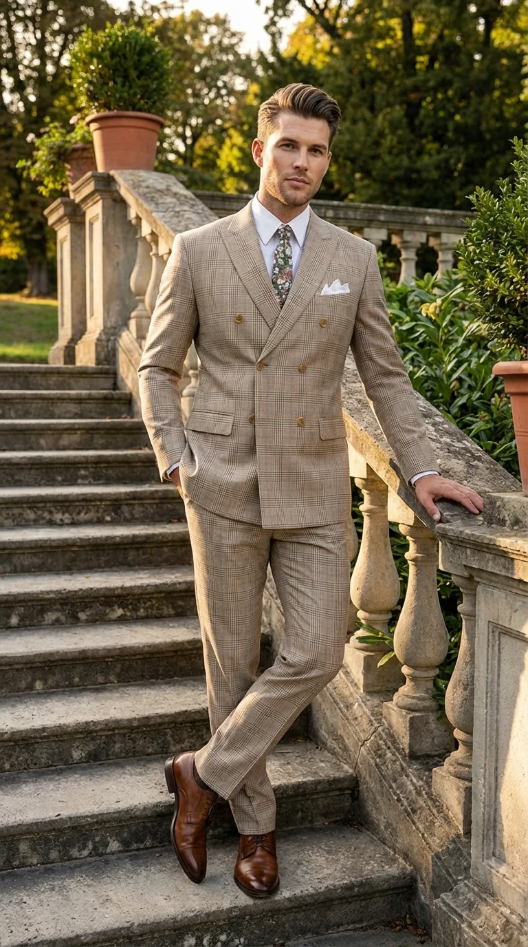 Vinci Men’s Beige Plaid Double Breasted Suit – Classic Checkered Formal Suit Set in Tan Color Windowpane Checkered Pattern - Image 8