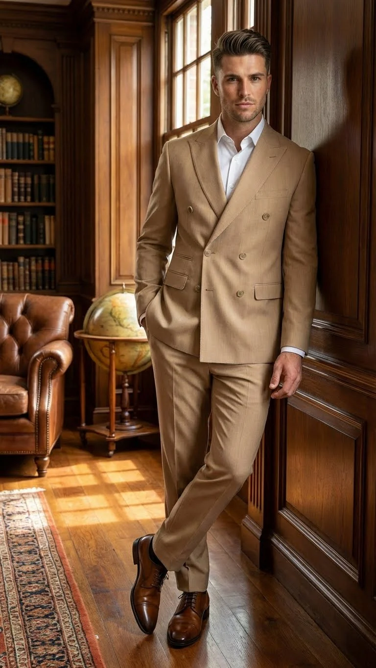 Vitali Brand Men’s Beige Double Breasted Suit – Classic Wedding, Prom & Party Wear Formal Outfit Khaki Camel Color - Image 8
