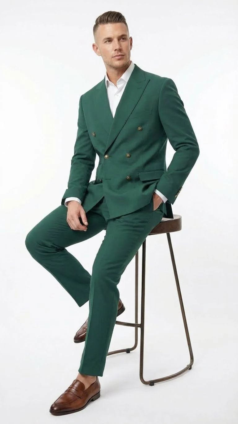 Vitali Brand Men’s Emerald Green Double Breasted Suit – Modern Fit Side Vented - Image 4