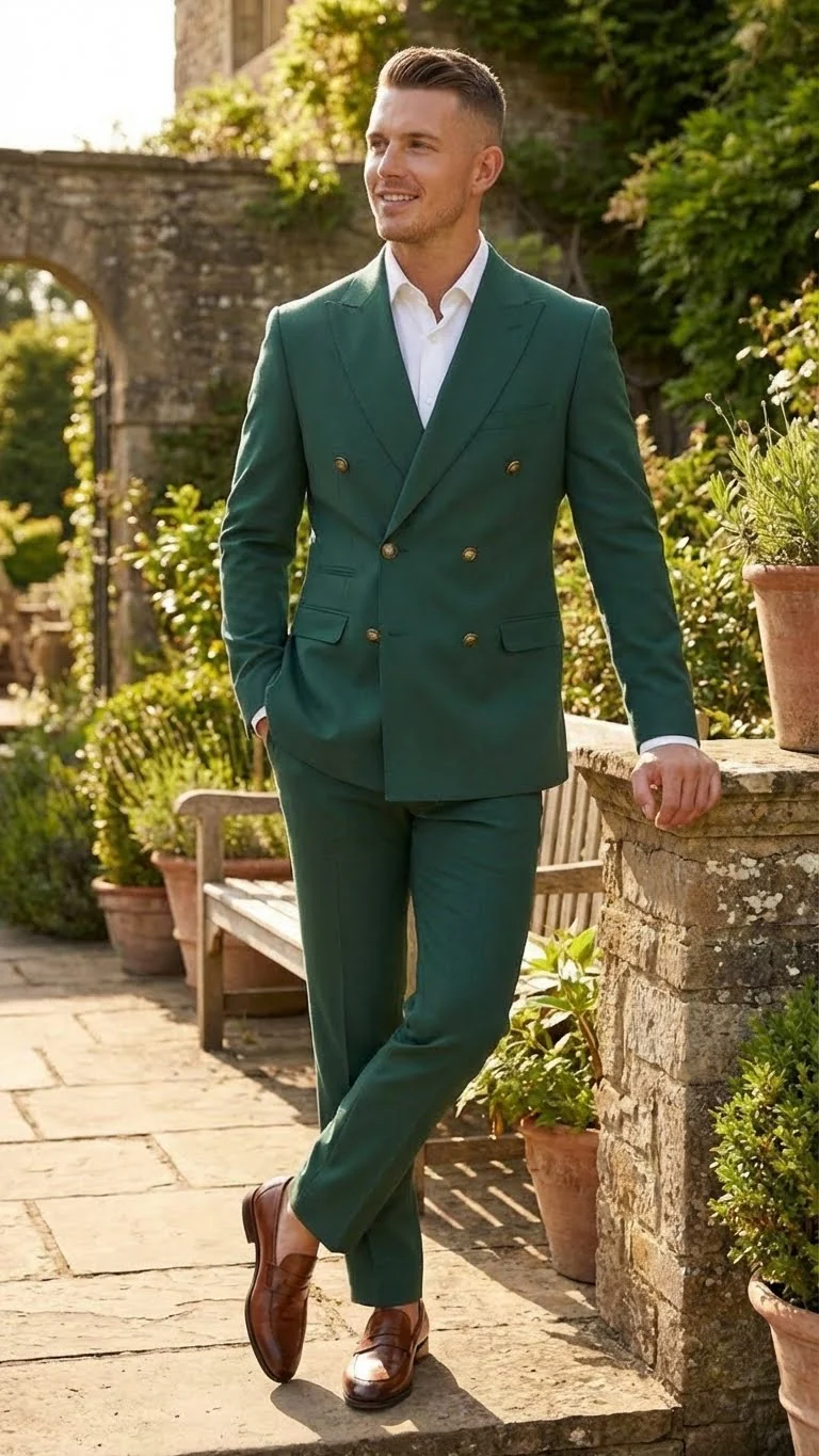 Vitali Brand Men’s Emerald Green Double Breasted Suit – Modern Fit Side Vented - Image 6