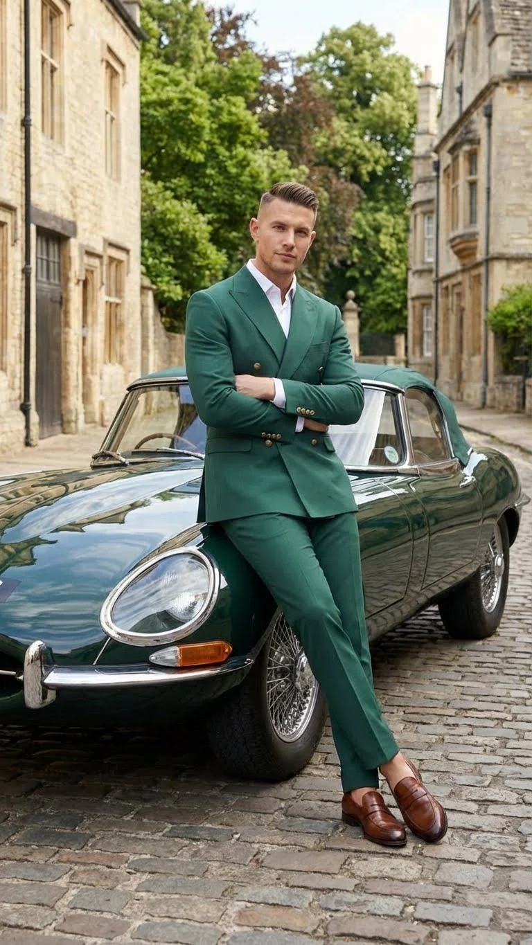 Vitali Brand Men’s Emerald Green Double Breasted Suit – Modern Fit Side Vented - Image 7