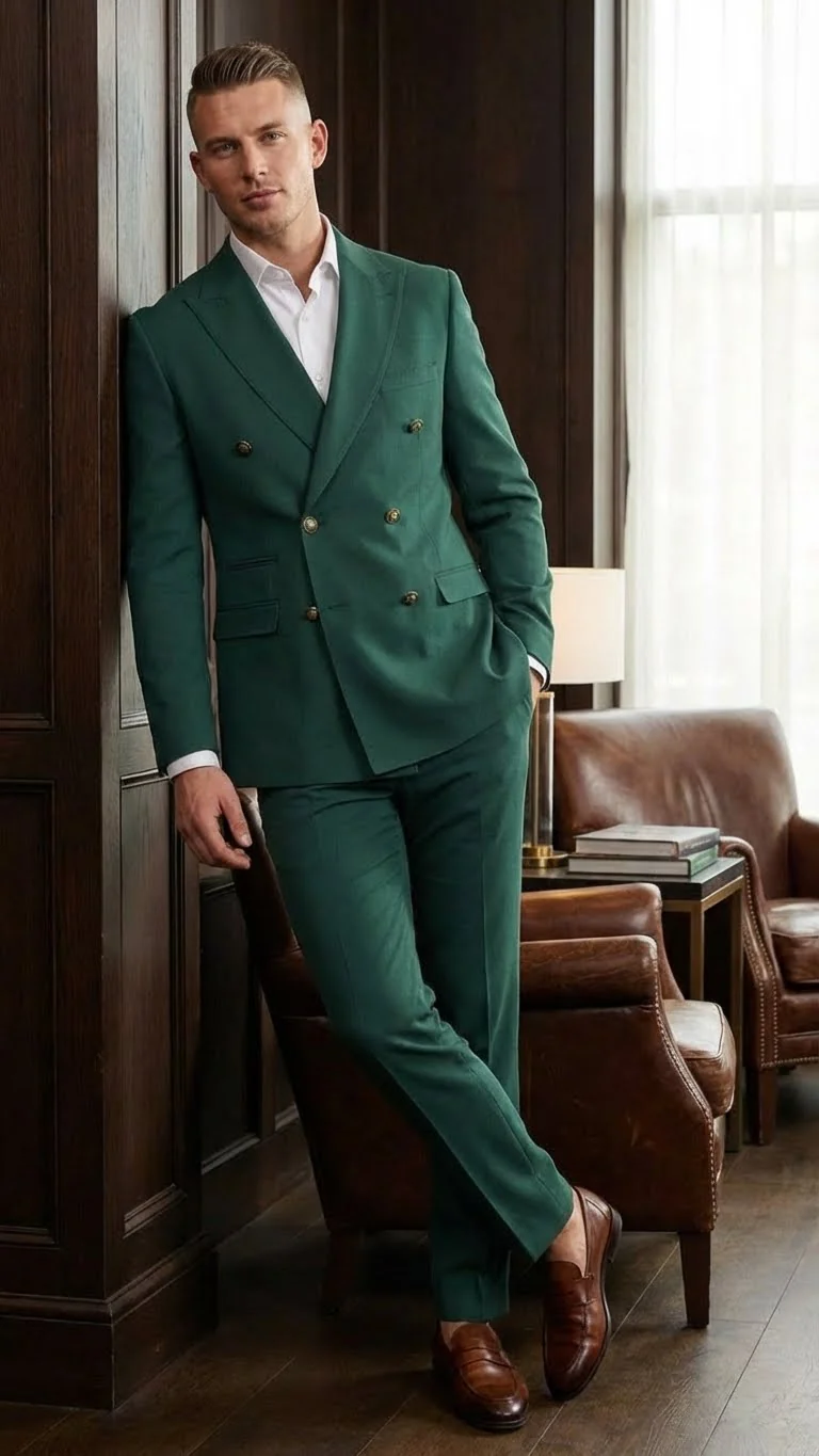 Vitali Brand Men’s Emerald Green Double Breasted Suit – Modern Fit Side Vented - Image 8