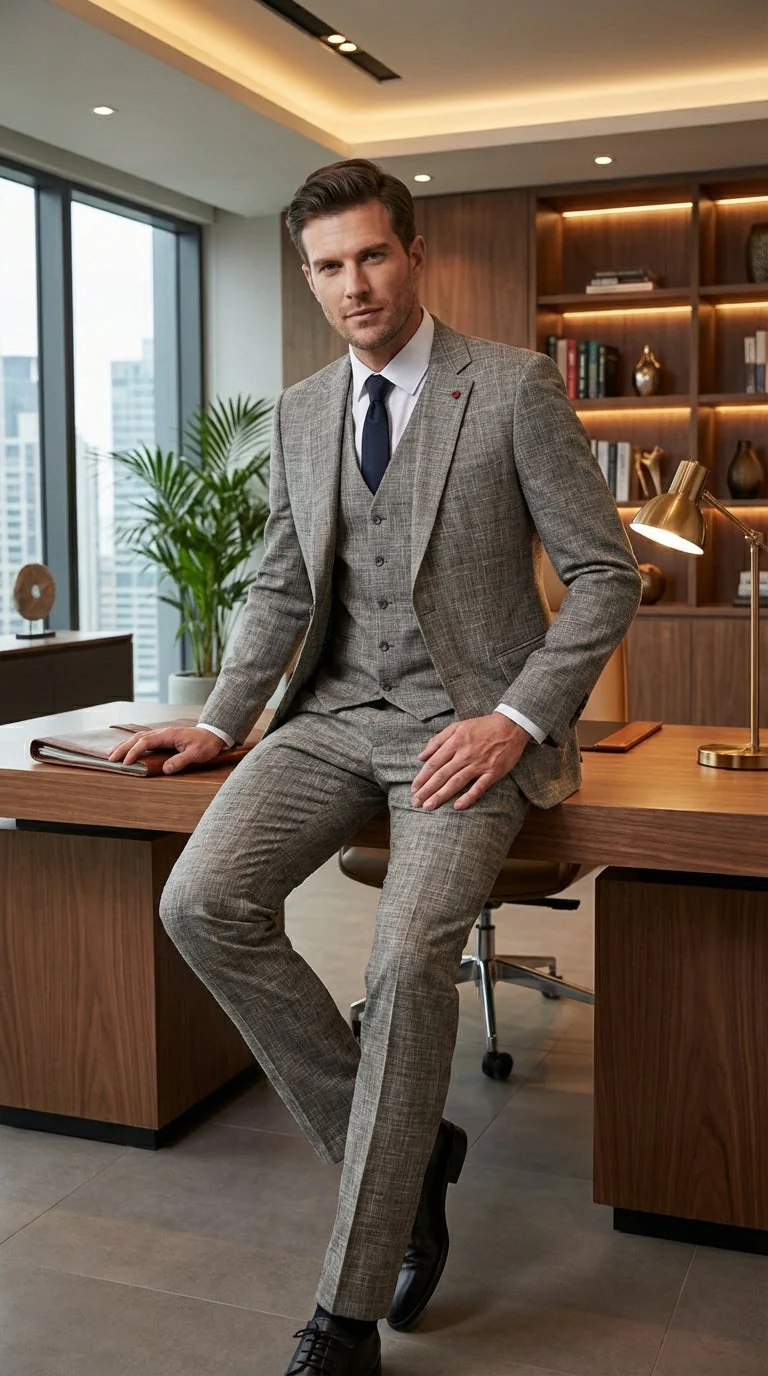 Vitali Brand Men’s Grey Textured Patterned 3 Piece Suit – Modern Fit Checkered Sharkskin with Blazer, Vest & Trousers, Business Wedding - Image 10