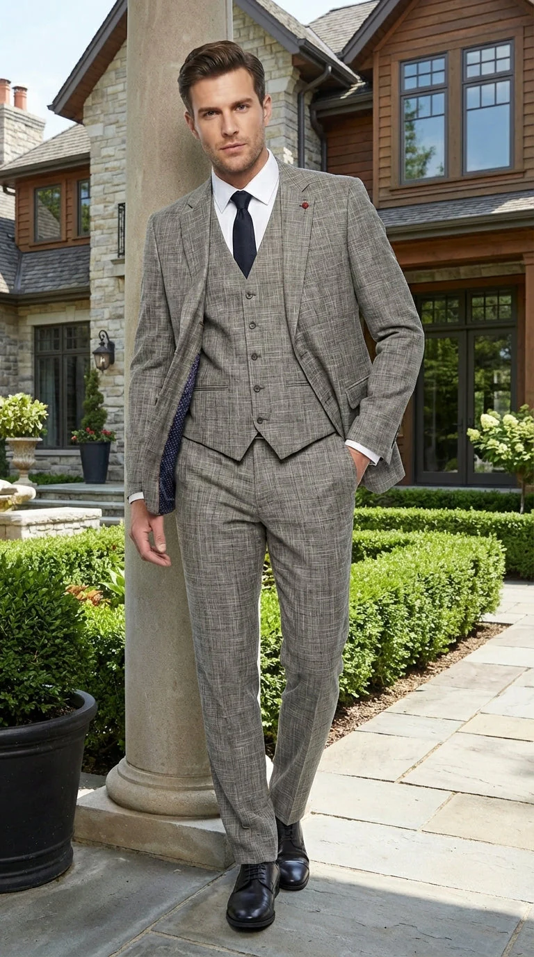 Vitali Brand Men’s Grey Textured Patterned 3 Piece Suit – Modern Fit Checkered Sharkskin with Blazer, Vest & Trousers, Business Wedding - Image 11
