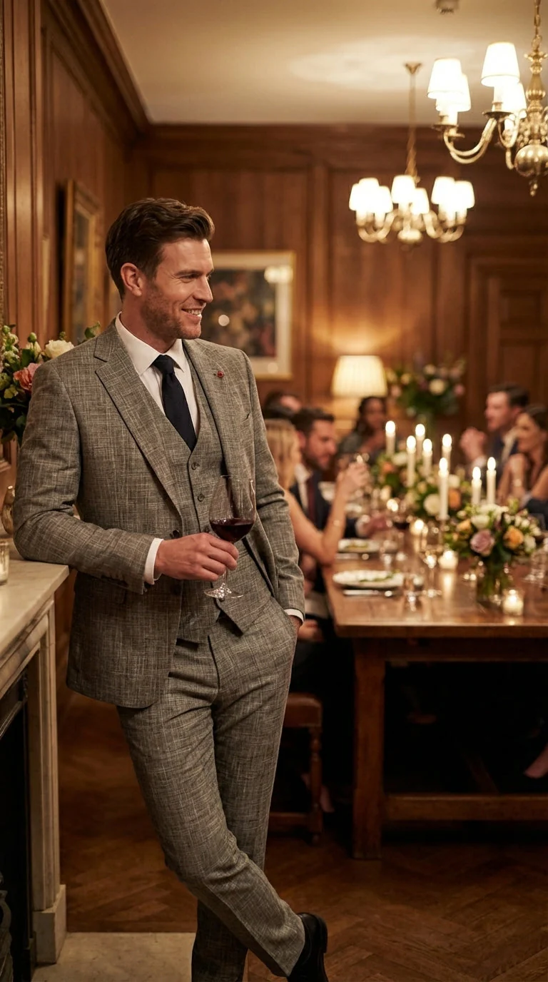 Vitali Brand Men’s Grey Textured Patterned 3 Piece Suit – Modern Fit Checkered Sharkskin with Blazer, Vest & Trousers, Business Wedding - Image 12