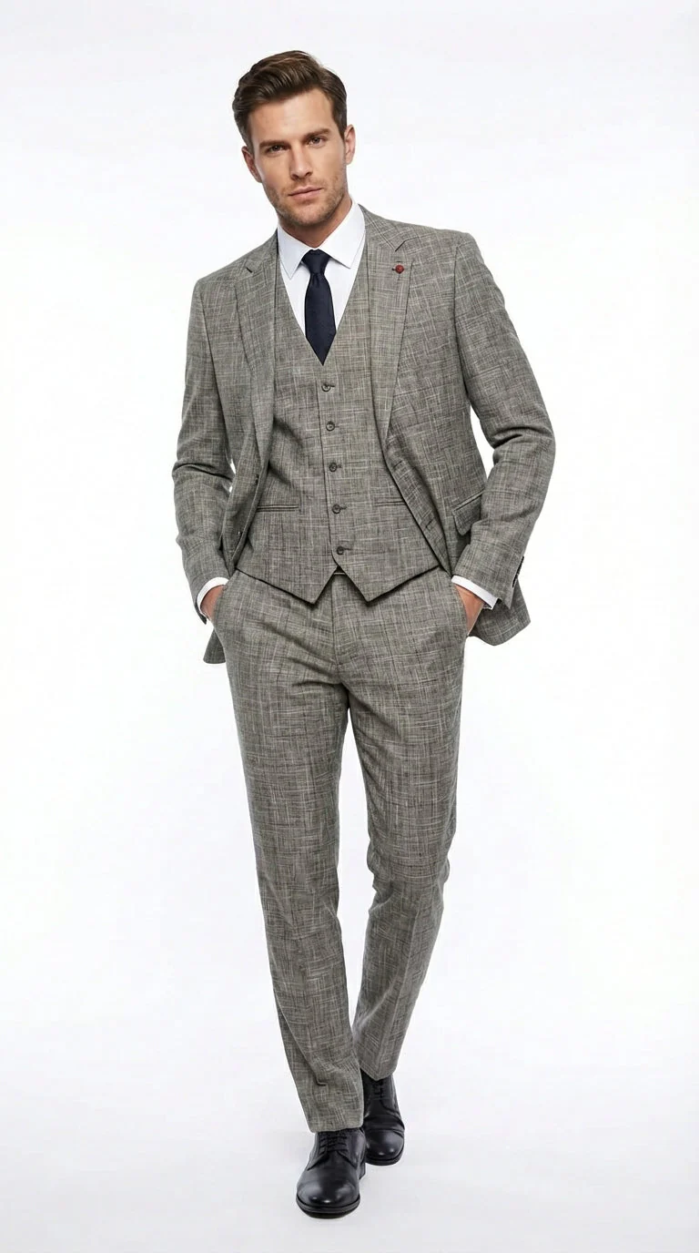 Vitali Brand Men’s Grey Textured Patterned 3 Piece Suit – Modern Fit Checkered Sharkskin with Blazer, Vest & Trousers, Business Wedding - Image 13