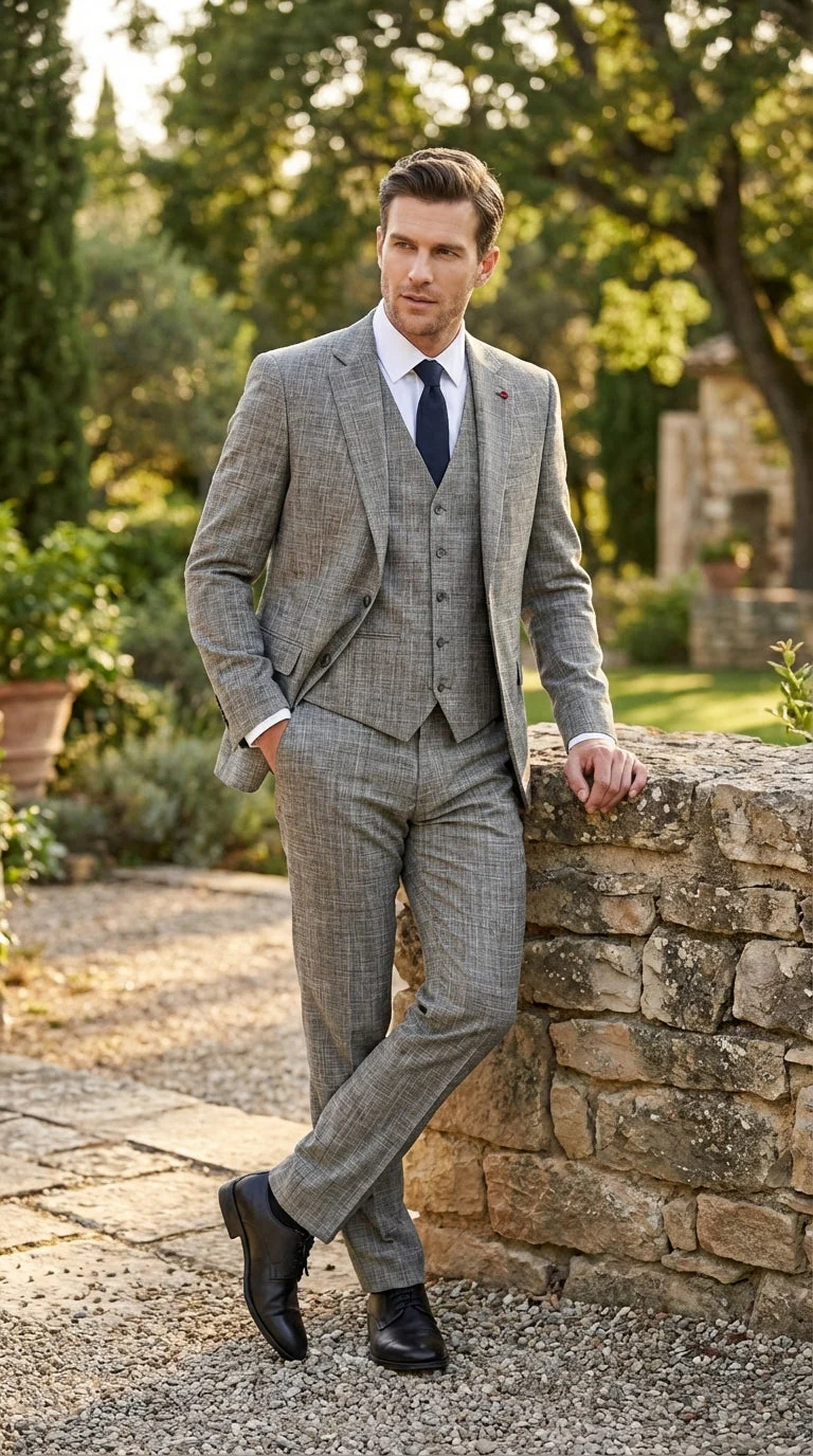 Vitali Brand Men’s Grey Textured Patterned 3 Piece Suit – Modern Fit Checkered Sharkskin with Blazer, Vest & Trousers, Business Wedding - Image 14