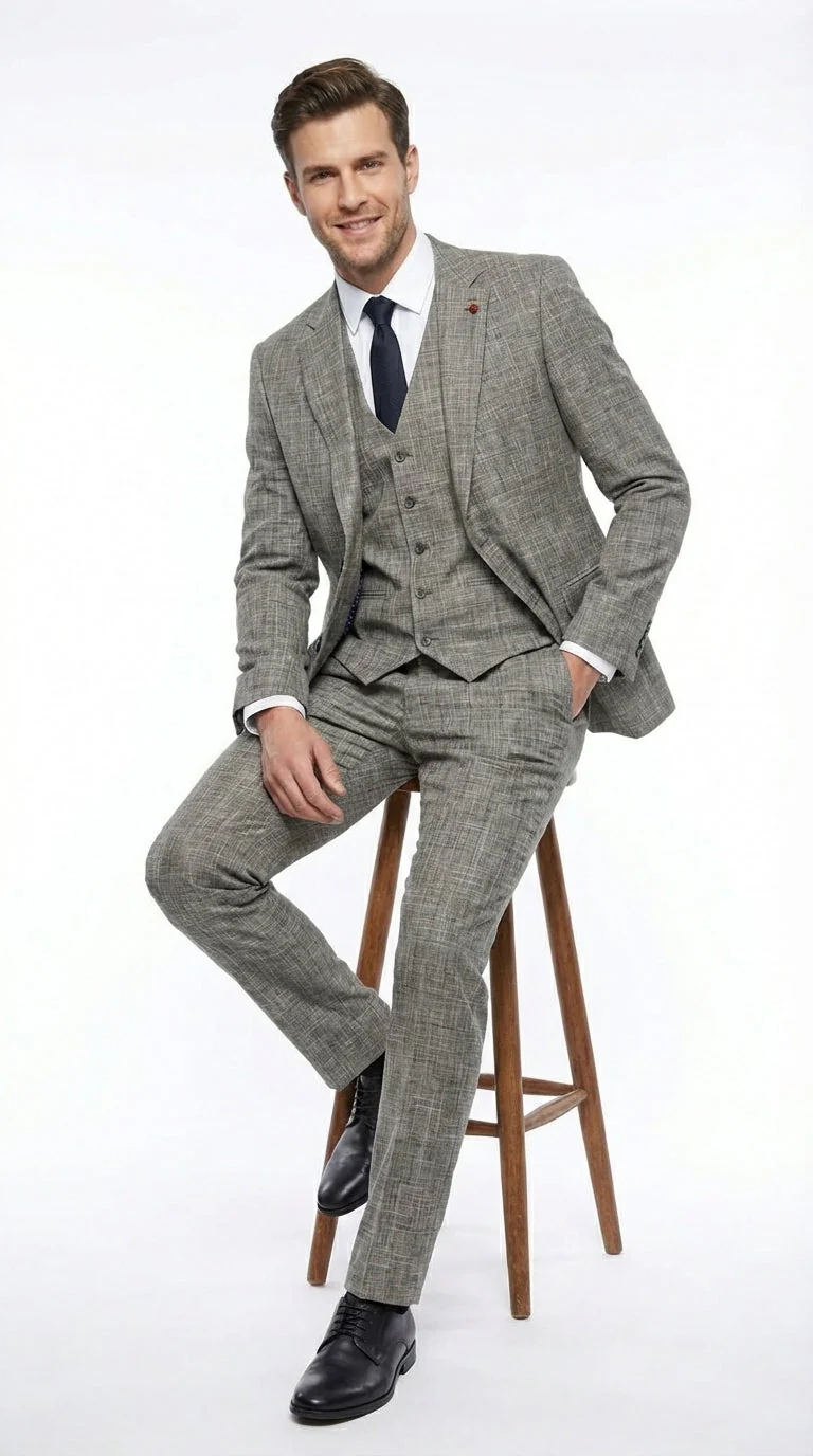 Vitali Brand Men’s Grey Textured Patterned 3 Piece Suit – Modern Fit Checkered Sharkskin with Blazer, Vest & Trousers, Business Wedding - Image 3