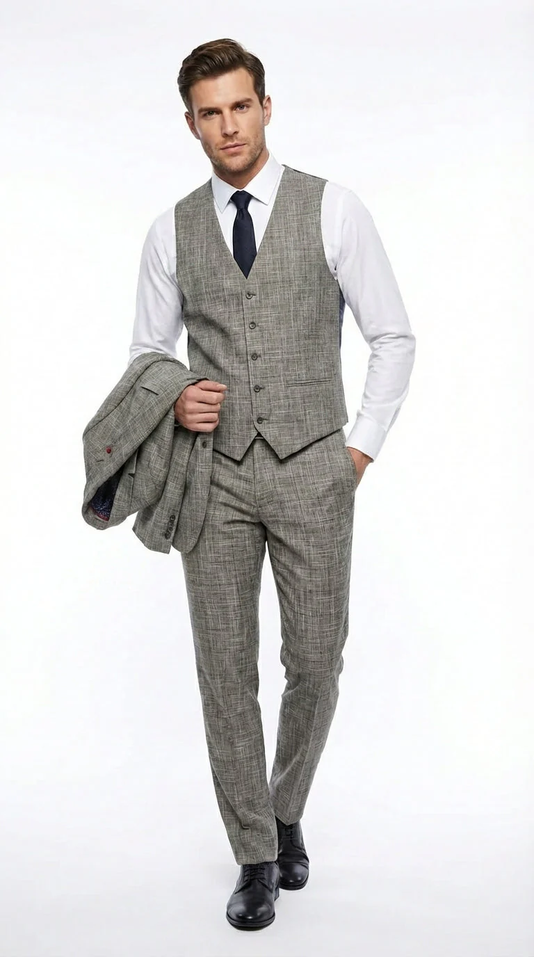 Vitali Brand Men’s Grey Textured Patterned 3 Piece Suit – Modern Fit Checkered Sharkskin with Blazer, Vest & Trousers, Business Wedding - Image 5