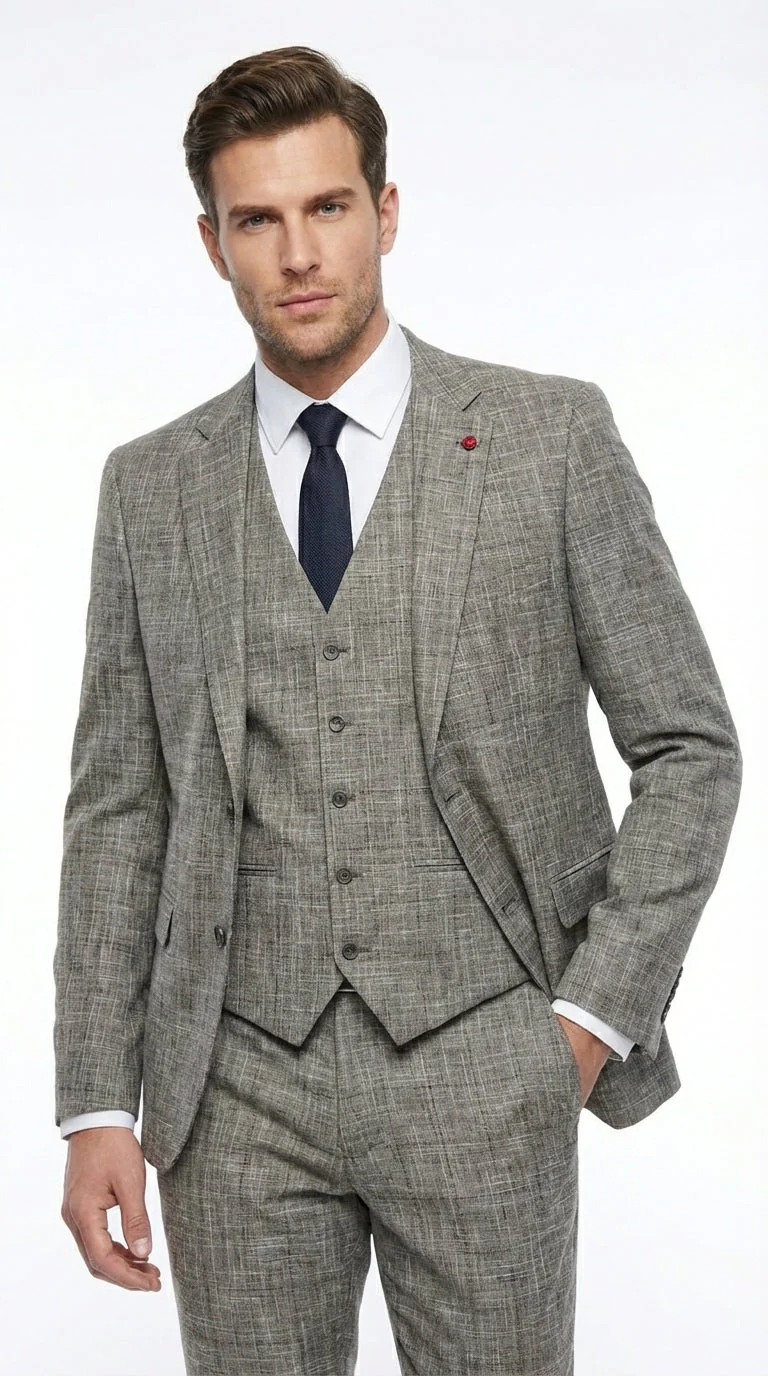 Vitali Brand Men’s Grey Textured Patterned 3 Piece Suit – Modern Fit Checkered Sharkskin with Blazer, Vest & Trousers, Business Wedding - Image 6
