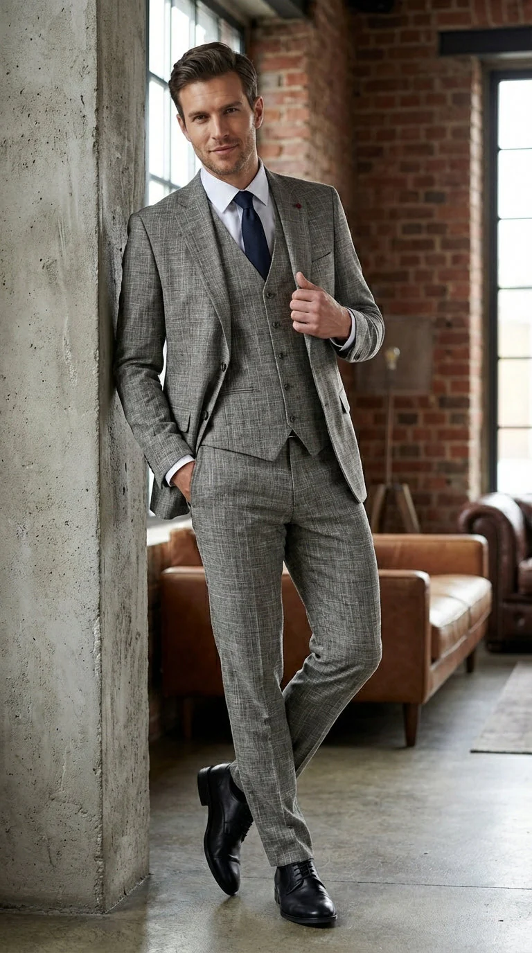 Vitali Brand Men’s Grey Textured Patterned 3 Piece Suit – Modern Fit Checkered Sharkskin with Blazer, Vest & Trousers, Business Wedding - Image 9