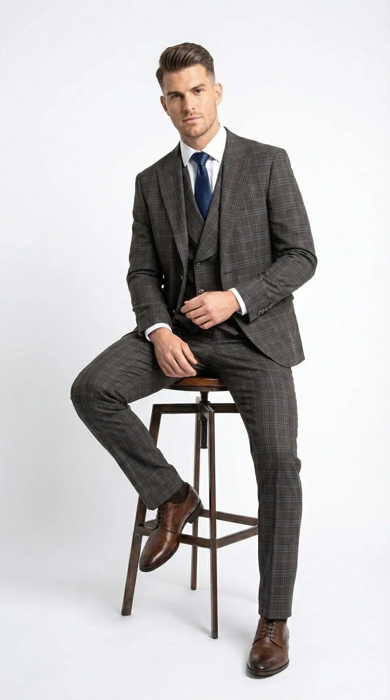 Vitali Men’s Brown Grey with blue Check 3 Piece Suit – Classic Plaid Formal Suit Set with Blazer, Vest & Trousers, Business Wedding Party Wear for Men Modern Fit - Image 10