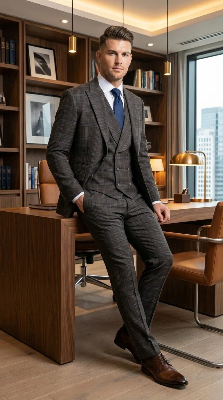 Vitali Men’s Brown Grey with blue Check 3 Piece Suit – Classic Plaid Formal Suit Set with Blazer, Vest & Trousers, Business Wedding Party Wear for Men Modern Fit - Image 12