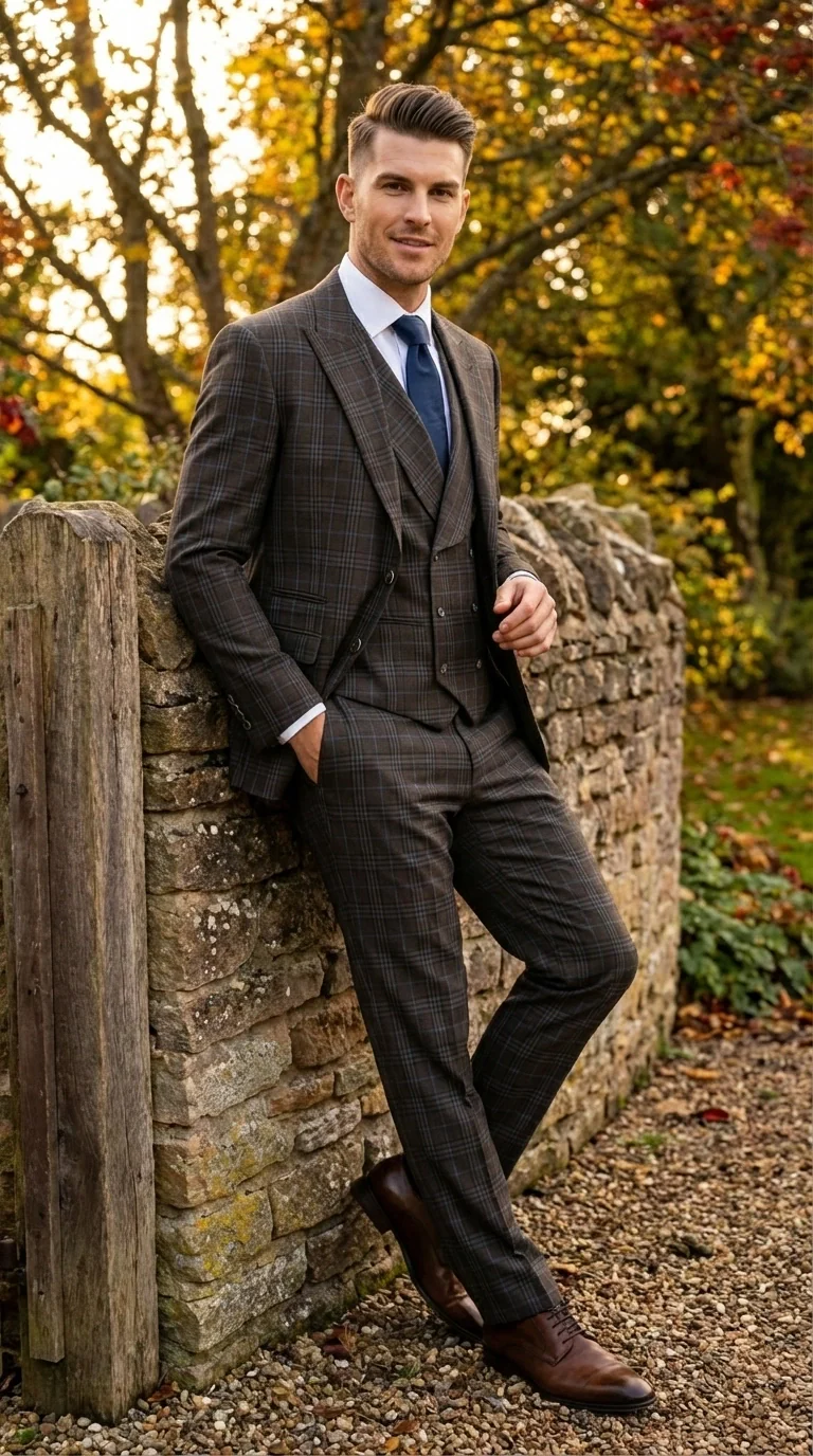 Vitali Men’s Brown Grey with blue Check 3 Piece Suit – Classic Plaid Formal Suit Set with Blazer, Vest & Trousers, Business Wedding Party Wear for Men Modern Fit - Image 16