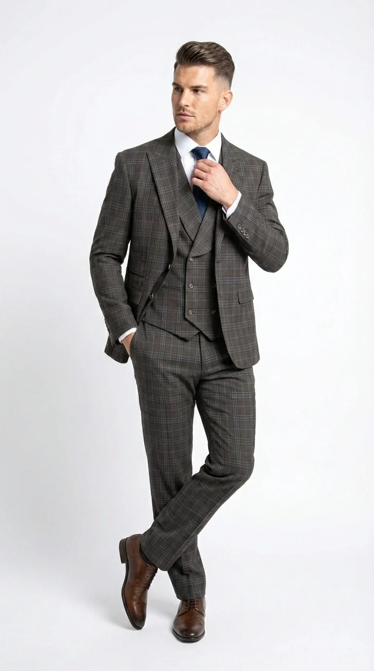 Vitali Men’s Brown Grey with blue Check 3 Piece Suit – Classic Plaid Formal Suit Set with Blazer, Vest & Trousers, Business Wedding Party Wear for Men Modern Fit - Image 3