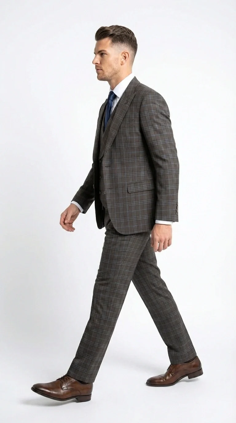 Vitali Men’s Brown Grey with blue Check 3 Piece Suit – Classic Plaid Formal Suit Set with Blazer, Vest & Trousers, Business Wedding Party Wear for Men Modern Fit - Image 5