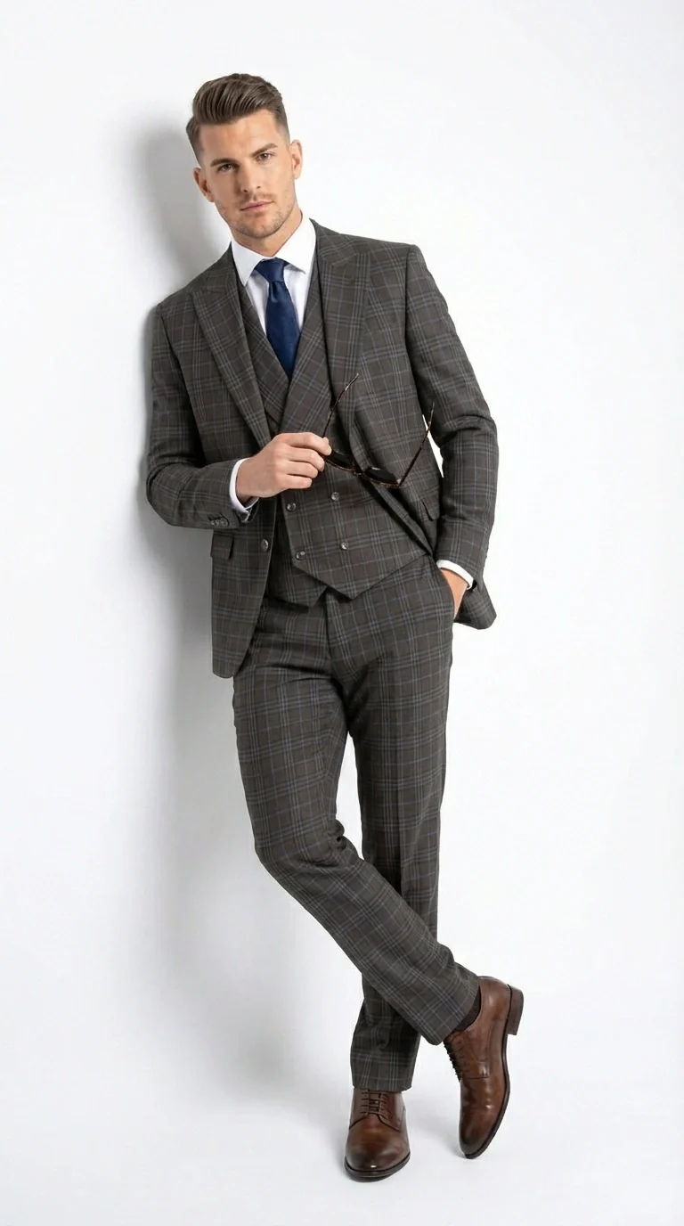 Vitali Men’s Brown Grey with blue Check 3 Piece Suit – Classic Plaid Formal Suit Set with Blazer, Vest & Trousers, Business Wedding Party Wear for Men Modern Fit - Image 6