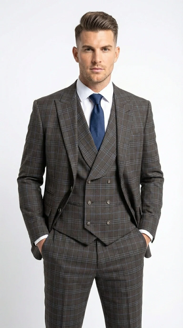 Vitali Men’s Brown Grey with blue Check 3 Piece Suit – Classic Plaid Formal Suit Set with Blazer, Vest & Trousers, Business Wedding Party Wear for Men Modern Fit - Image 9