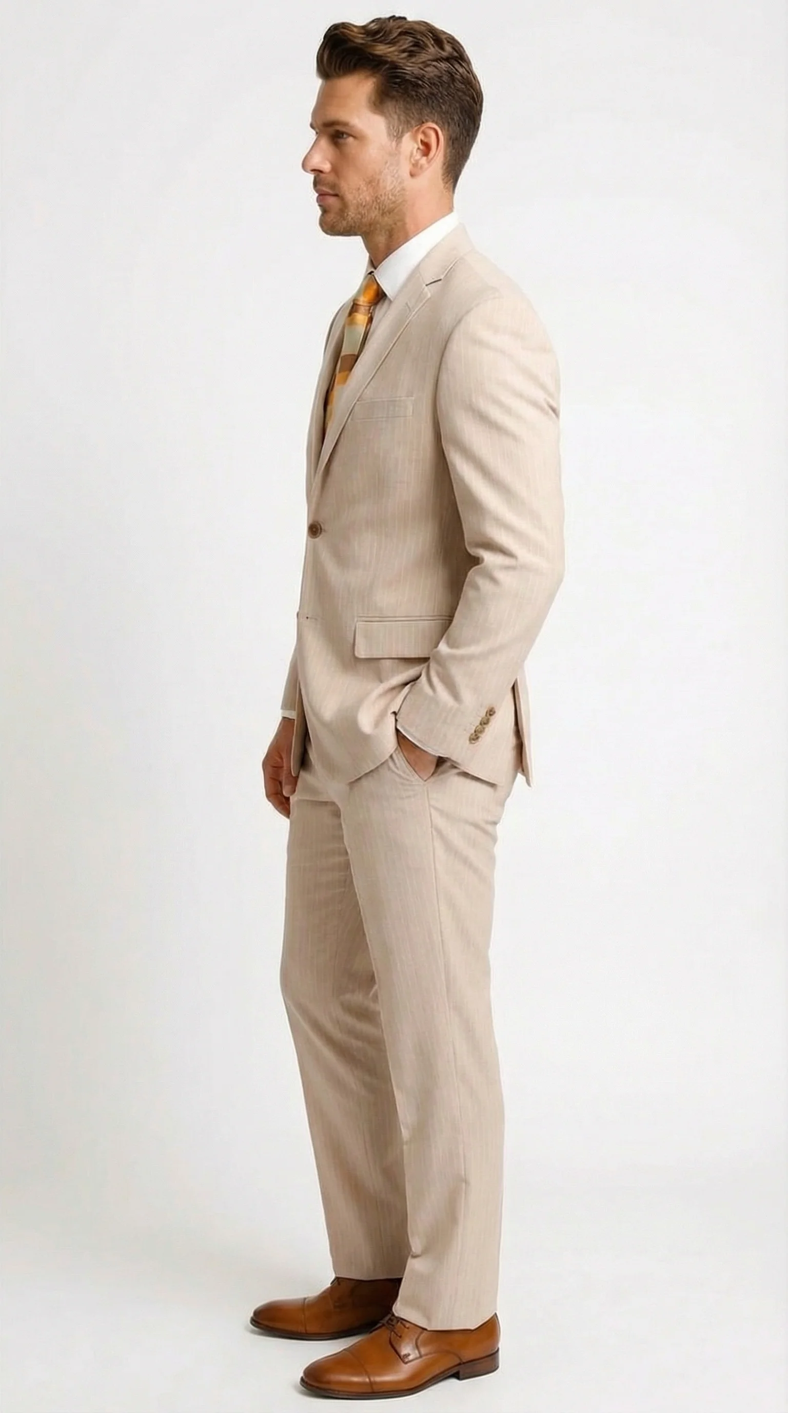 Vitali Men’s Natural Beige Pinstripe Suit – Summer Tan Pinstripe  Weddings and Business Wear - Image 3