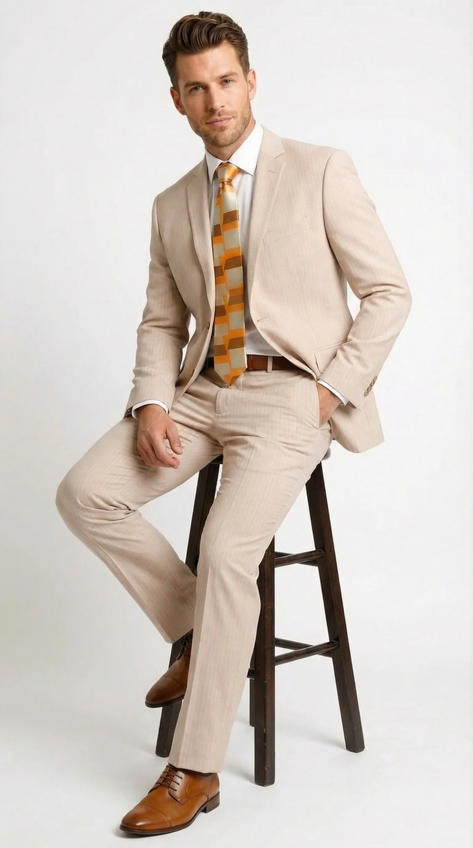 Vitali Men’s Natural Beige Pinstripe Suit – Summer Tan Pinstripe  Weddings and Business Wear - Image 4