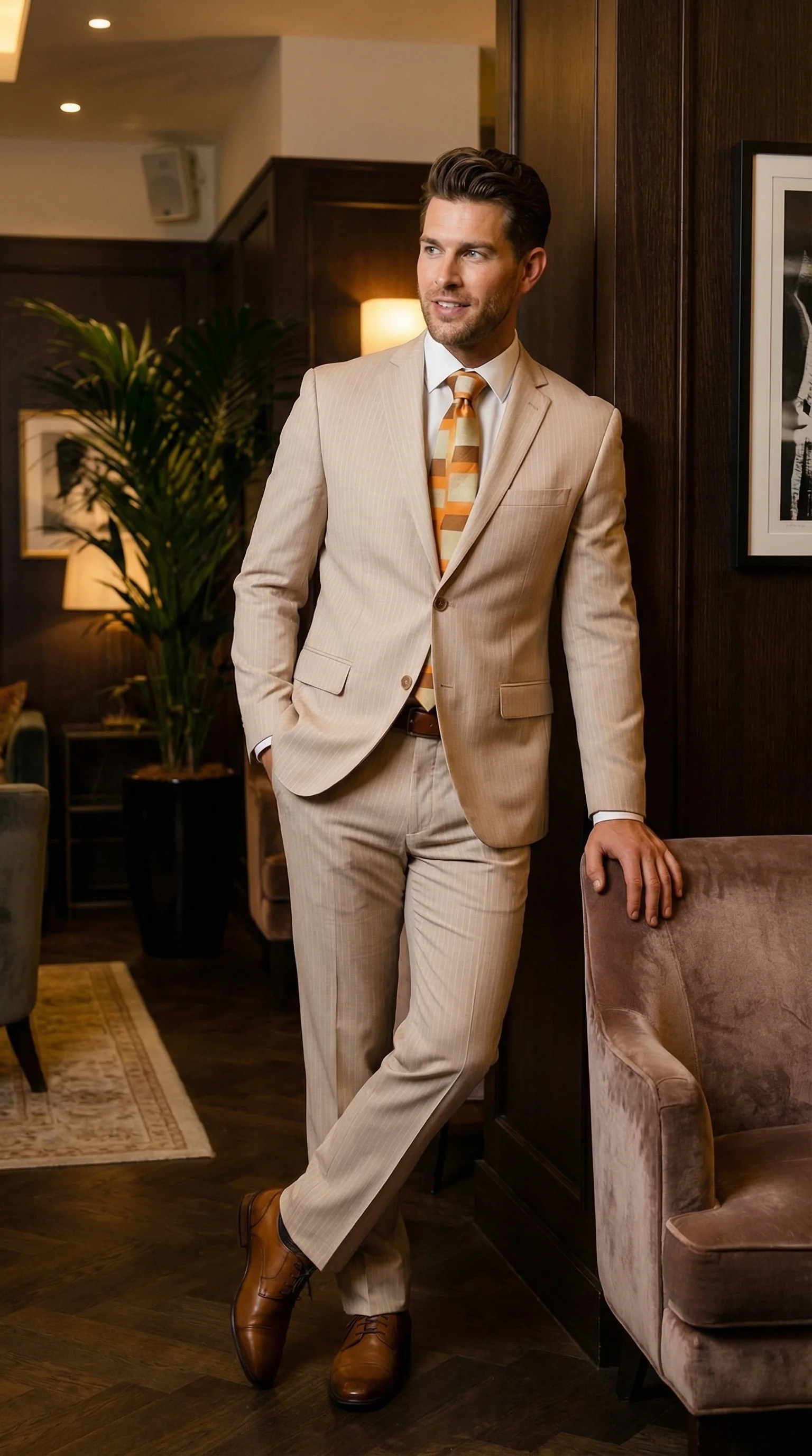 Vitali Men’s Natural Beige Pinstripe Suit – Summer Tan Pinstripe  Weddings and Business Wear - Image 8