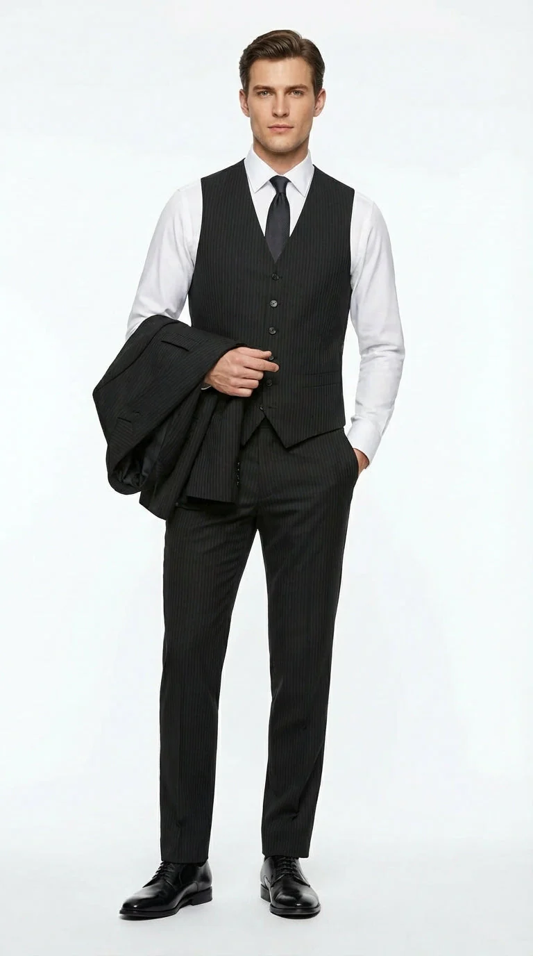 Vitali Mens Black Tone on Tone Shadow Stripe Vested Suit Set – 3 Piece Modern Fit Pinstripe Two Buttons - Image 5