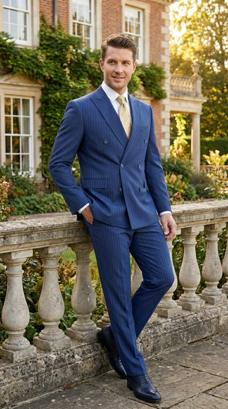 Vitali Mens Blue Tone on Tone Shadow Pinstripe Suit Set – Double Breasted Business Modern Fit Side Vented - Image 11