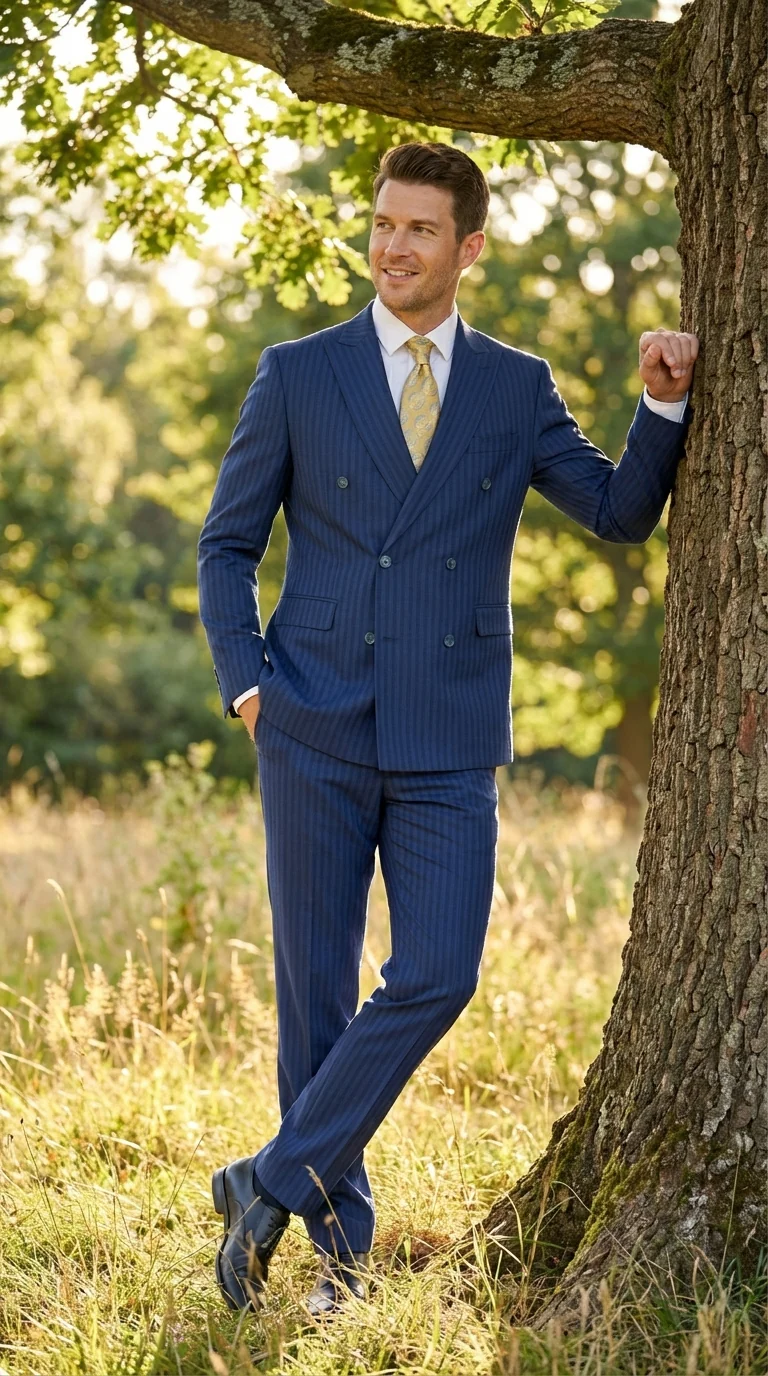 Vitali Mens Blue Tone on Tone Shadow Pinstripe Suit Set – Double Breasted Business Modern Fit Side Vented - Image 14