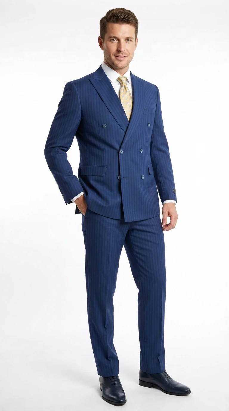 Vitali Mens Blue Tone on Tone Shadow Pinstripe Suit Set – Double Breasted Business Modern Fit Side Vented - Image 2