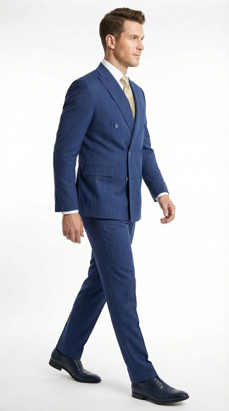Vitali Mens Blue Tone on Tone Shadow Pinstripe Suit Set – Double Breasted Business Modern Fit Side Vented - Image 3