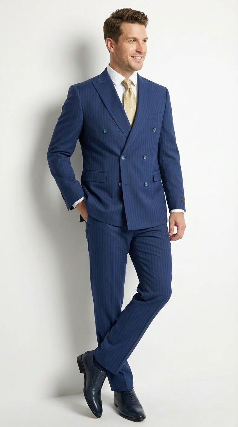 Vitali Mens Blue Tone on Tone Shadow Pinstripe Suit Set – Double Breasted Business Modern Fit Side Vented - Image 4