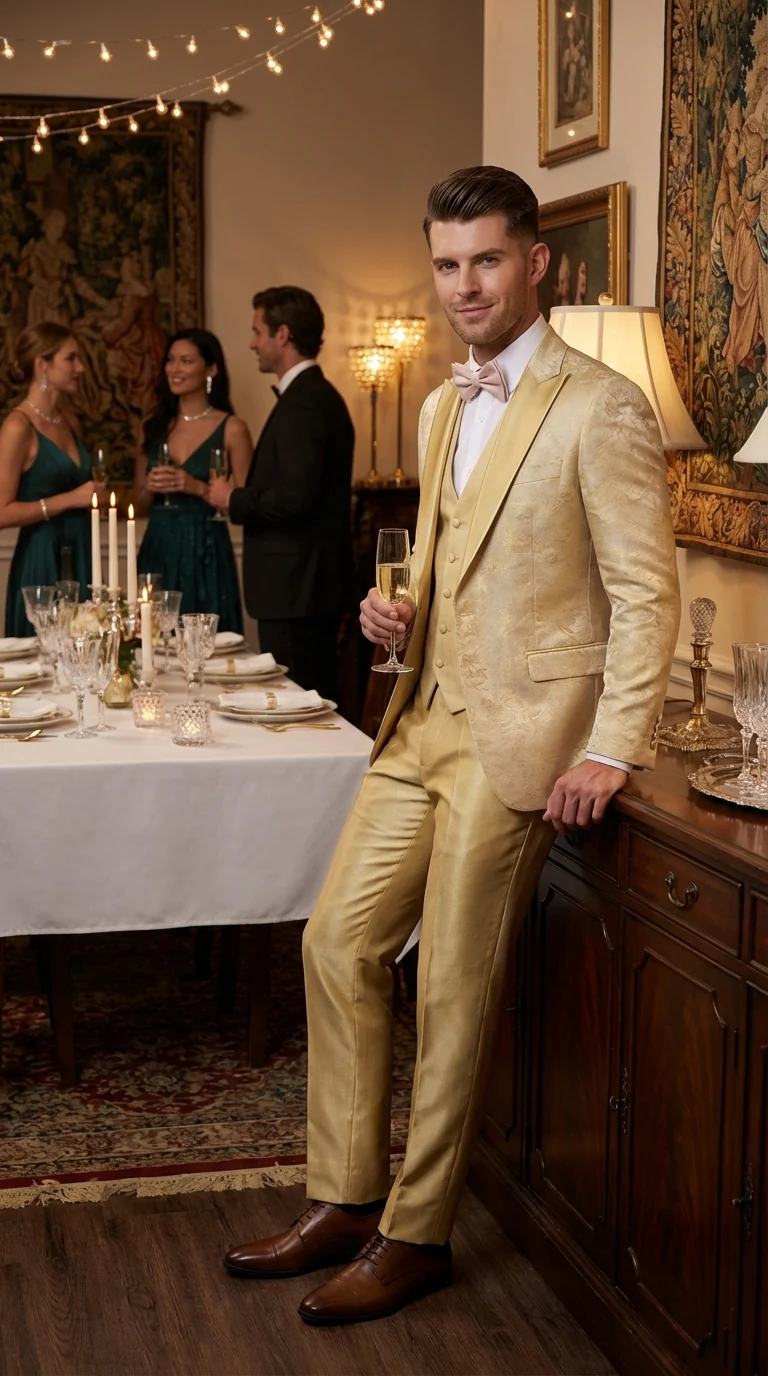 Vitali Mens Yellow Gold Designer Tuxedo Suit Set – Luxury Wedding Prom Formal Tuxedo with Vest Bow Tie in Champaign Color - Image 10